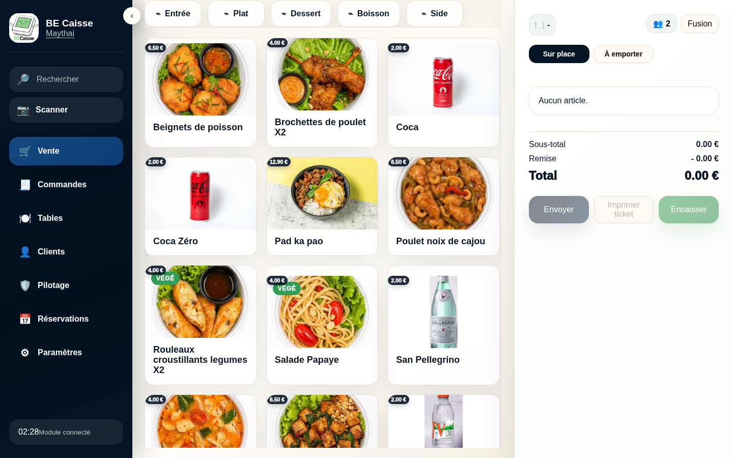Interface réelle de caisse avec catalogue et ticket de commande
