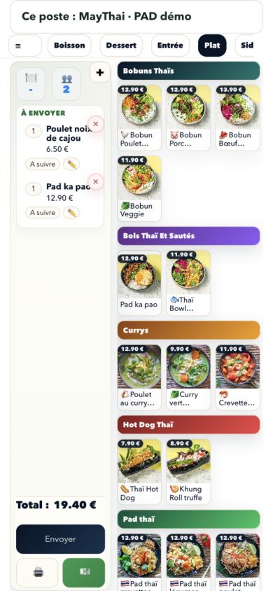 Interface réelle du PAD serveur sur téléphone, avec produits et panier de commande